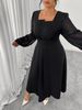 Temperament Long Dress High Waist Pleated Design Square Neck Long Sleeve Large Size Dress_ecoleips.com