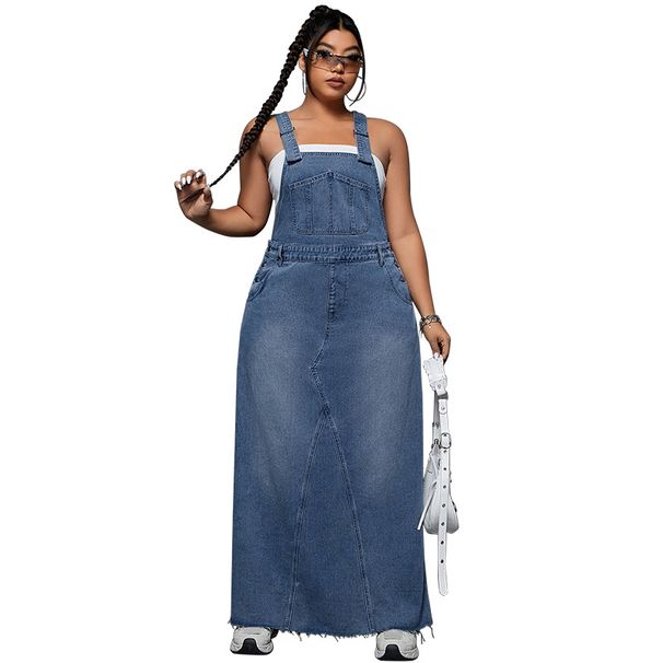 K Large Size Women's New Denim Spicy Style Shoulder Strap Skirt_ecoleips.com