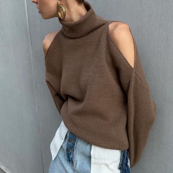 Autumn And Winter Design Sense Off-The-Shoulder High-Neck Long-Sleeved Sweater, Fashionable And Laid-Back Style, Loose A_ecoleips.com