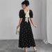 Women's European American Style Short Sleeve Long Dress Waist Cinching Bow Decoration Versatile Print Clothing_ecoleips.com