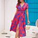 Women's Summer V-Neck Midi Dress – Printed Flowy Dress With Side Slit (Red/Pink/Polka Dot/Blue)_ecoleips.com