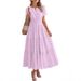 Elegant V Neck Long Dress For Women American Style Summer Waist Cinching Pleated Puff Sleeves Solid Color New 2026_ecoleips.com