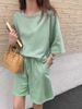 K Solid Color Loose Fit Slimming Women's Short Sleeve Shorts Casual Sports Two-Piece Set. No Necklaces Or Other Accessories_ecoleips.com
