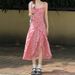 Pink Floral Print Camisole For Women, Summer 2025 New Style, Fairy-like, Slimming, Waist-cinching Long Dress_ecoleips.com