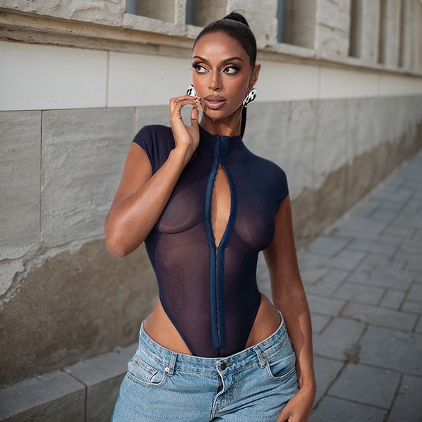 Elegant Mesh Bodysuit With Metallic Buckles - Sexy Sheer One-Piece For Women, Stretchy & Breathable Summer Fashion_ecoleips.com