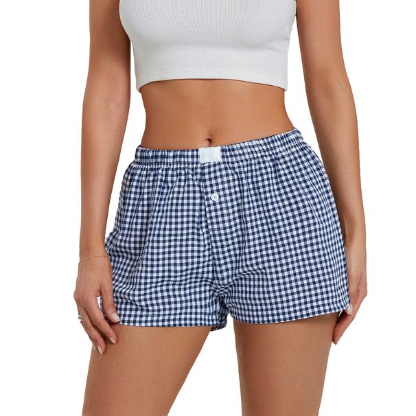 Women Polyester Short Pants Homewear Plaid Basic Pajama Sleep Bottoms Loose Thin Breathable Beach Shorts Nightwear Underwear_ecoleips.com