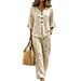 Women's Casual Cotton Linen Set V Neck Button up Top with Wide Leg Pants Two-Piece Fashionable European American Style_ecoleips.com