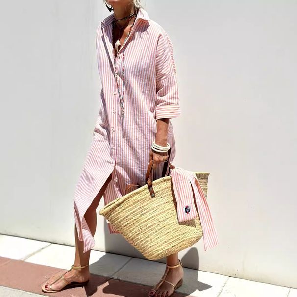 Women's Clothing New Five Point Sleeve Striped Cardigan Lapel Shirt Dress_ecoleips.com