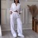 Women's Casual Cotton Linen Shirt And Wide Leg Pants Set Solid Color Drawstring Independent Station European American Style_ecoleips.com