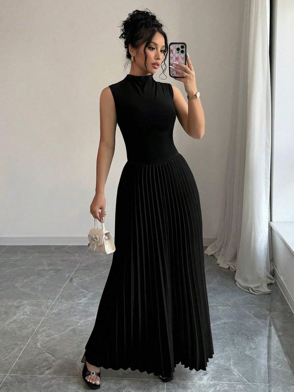 Voya Recommend! Women's Solid Color Stand Up Pleated Skirt Sleeveless Elegant Long Fashion Temperament Style Dress_ecoleips.com