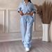 Women's Solid Color Long Sleeved Shirt And Wide Leg Pants Set Single Breasted Two Piece Lace Up Trousers American Style_ecoleips.com