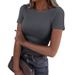 Women's Clothing Fashion Short Sleeve Elastic Round Neck Ribbed Slim Fit T Shirt Tops_ecoleips.com
