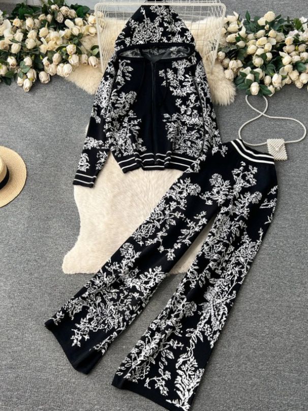 K Fashion Suit Women's Ink Painting Zipper Hooded Knitted Sweatshirt Two-piece Set High Waist Wide Leg Pants_ecoleips.com