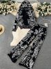 K Fashion Suit Women's Ink Painting Zipper Hooded Knitted Sweatshirt Two-piece Set High Waist Wide Leg Pants_ecoleips.com