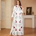 Muslim Dress Women Elegant Arabian White Printed Robe - Modest Long Sleeve Dress For Women, Flowy Maxi Dress With Cultural Embroidery_ecoleips.com