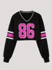 Women's American Style Sportswear Jersey V Neck Cropped Sweatshirt Digital Print Loose Fitting Long Sleeves Sexy Street Style Versatile Unique_ecoleips.com