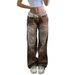 Street Style Women's Clothing, Irregular Printed Loose Pants, Low Waisted Pleated Washed Distressed Multicolored Jeans_ecoleips.com