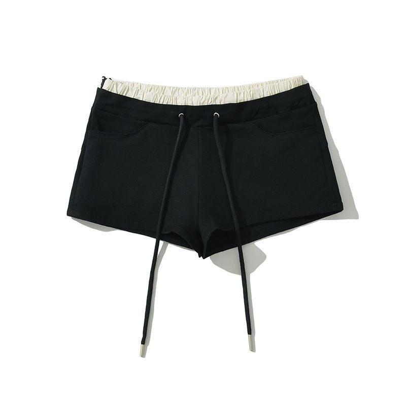 2025s 24 Summer New Women's Style Girl Drawstring Elastic Waist Casual Hot Pants Two-Piece Color-Block Stretch Shorts_ecoleips.com