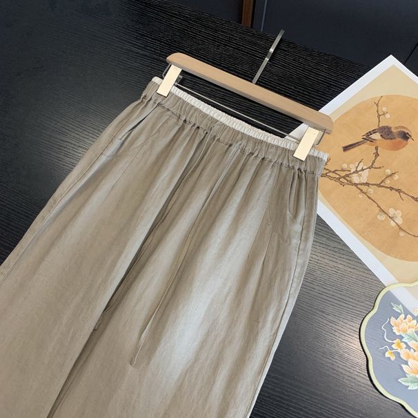 Suitable For All Seasons A295161French 100% Linen Elastic Waist Lazy Waistband Color Block Loose Fit Versatile Cuffed Casual Pants For Women_ecoleips.com