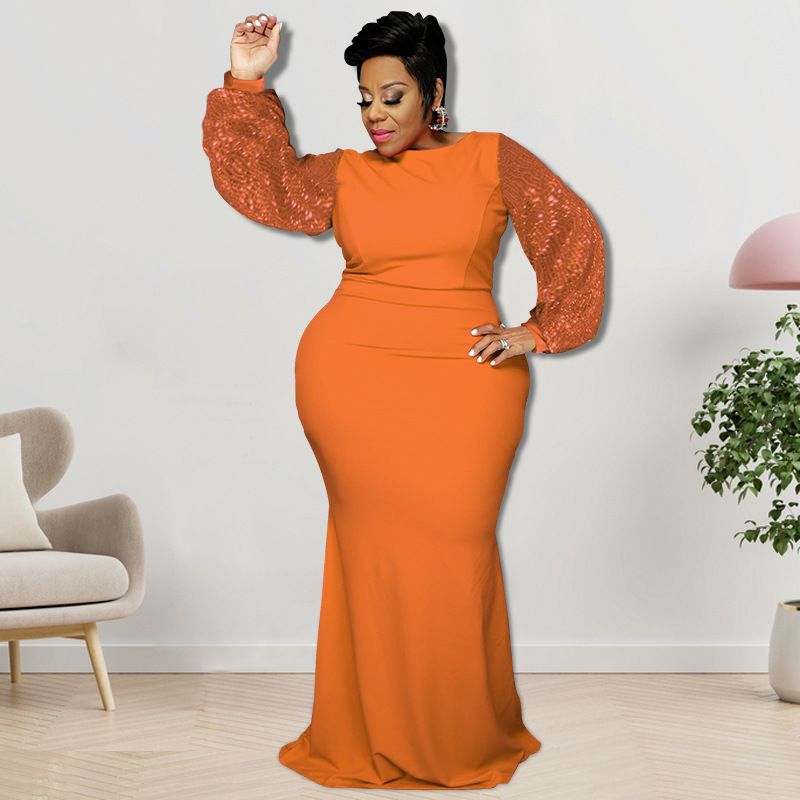 Elegant Plus Size Long Sleeve Sequin Maxi Dress, Fish Tail Hem Formal Gown For Evening Parties_ecoleips.com