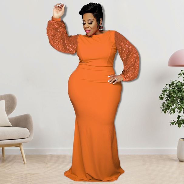 Elegant Plus Size Long Sleeve Sequin Maxi Dress, Fish Tail Hem Formal Gown For Evening Parties_ecoleips.com