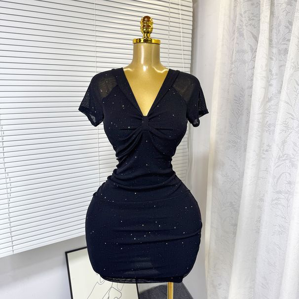 Women's Clothing New Elastic Mesh Dress V Neck Sexy Slim Hip Short Skirt Dress_ecoleips.com