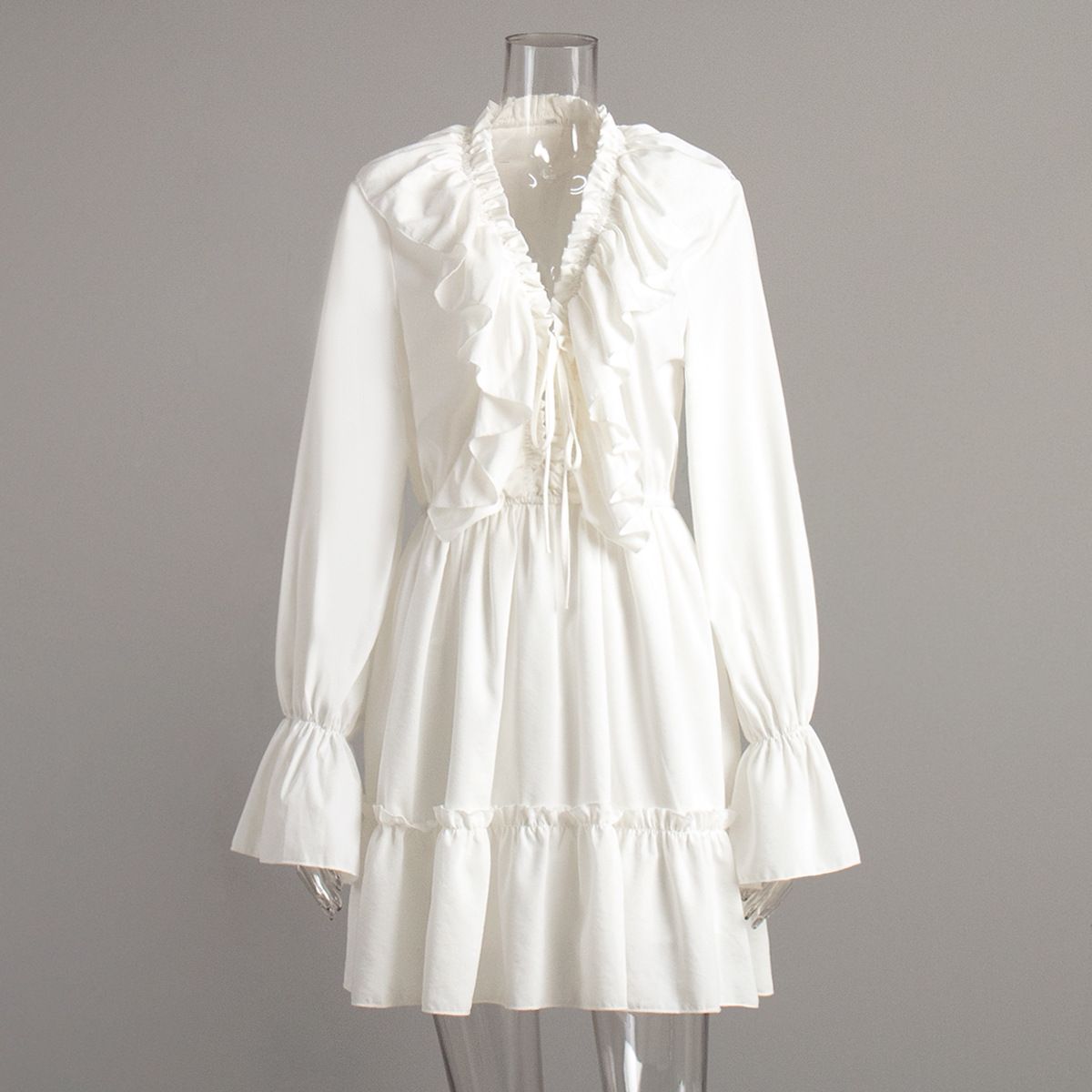 V-Neck Women 2025 Spring Summer New Flared Sleeve European And American Style Short Chiffon Dress_ecoleips.com