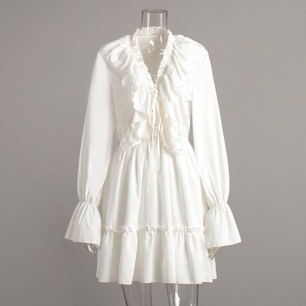 V-Neck Women 2025 Spring Summer New Flared Sleeve European And American Style Short Chiffon Dress_ecoleips.com