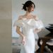 Off-Shoulder Satin Light Wedding Bride Travel Shoot French Simple Elegant Mermaid Tail Reception Outing Gown Super Fairy_ecoleips.com