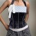 AD521 New French-style Polka Dot Color-block Halter Neck Sexy Fashion Strapless Lace Knot Waist-cinching Top_ecoleips.com