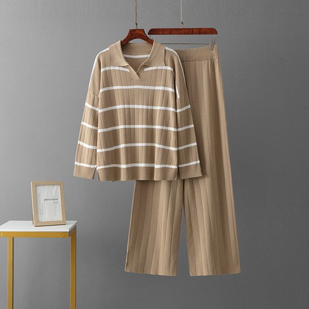 Color Block Striped Two Piece Set V Neck Niche Design Knitted Top with High Waisted Wide Leg Pants European And American Style Women's Clothing_ecoleips.com