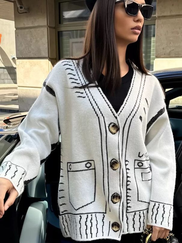 Elegant Jacquard Knit Cardigan For Women - Loose Fit V-Neck Open Front Sweater With Geometric Patterns, Soft & Warm Fall Fashion_ecoleips.com