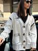Elegant Jacquard Knit Cardigan For Women - Loose Fit V-Neck Open Front Sweater With Geometric Patterns, Soft & Warm Fall Fashion_ecoleips.com