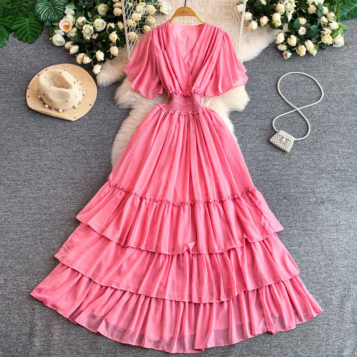 Elegant French Style Slim Fitting V Neck Dress Rhinestone Embellished Elastic Waist Cake Skirt Flattering Women's Dress_ecoleips.com