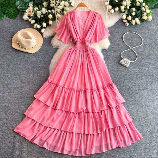 Elegant French Style Slim Fitting V Neck Dress Rhinestone Embellished Elastic Waist Cake Skirt Flattering Women's Dress_ecoleips.com