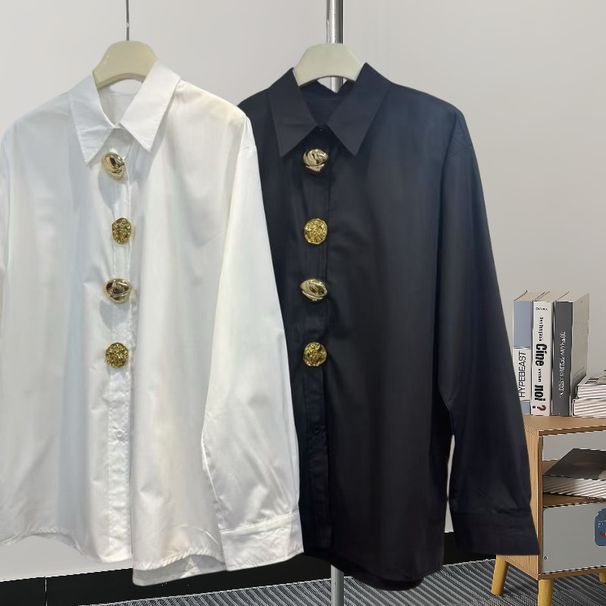 Spring Loose Blouse For Women - Heavy Pattern White Shirt, One Size (Black Trim)_ecoleips.com