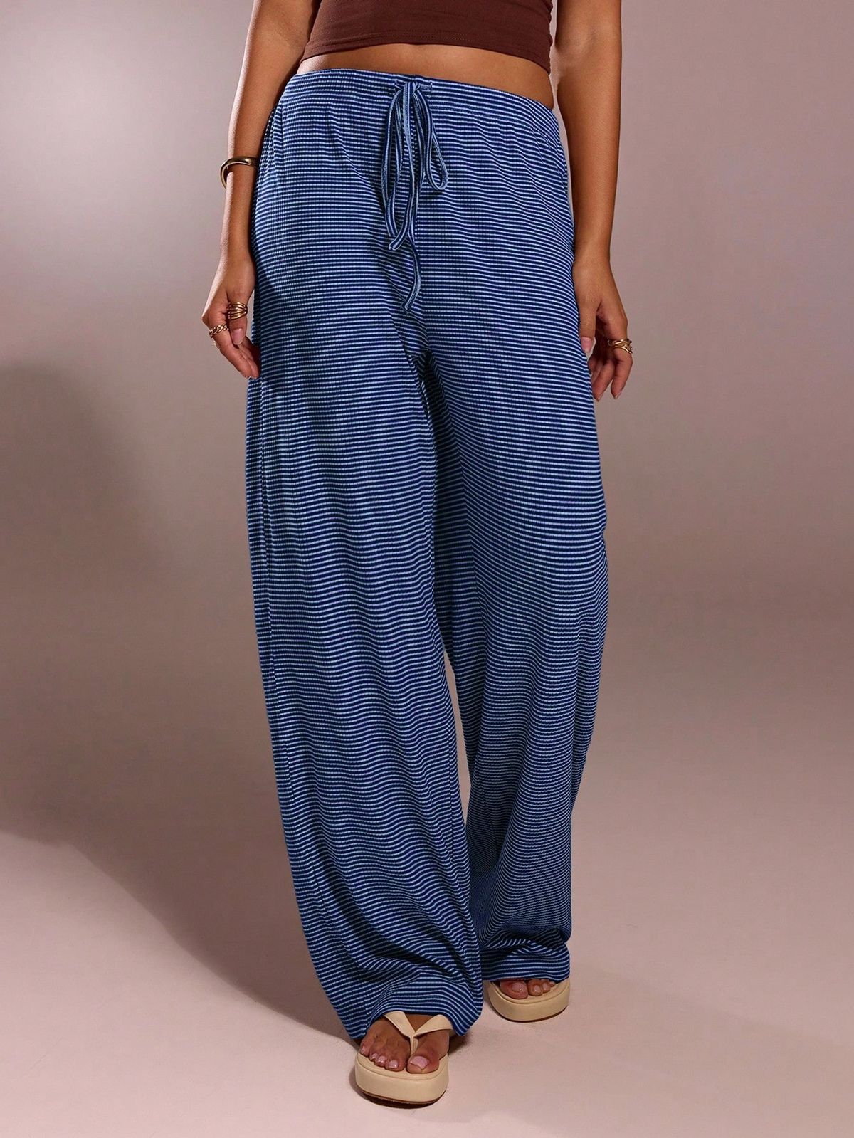 Women's Striped Loose Low Waisted Wide Leg Floor Length Pants Style Soft Breathable Sleepwear_ecoleips.com