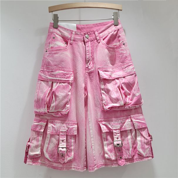 Women's Clothing Multi Pocket Washed Distressed Cropped Denim Shorts For Women Summer Loose Casual Wide Leg Workwear Cropped Trousers_ecoleips.com