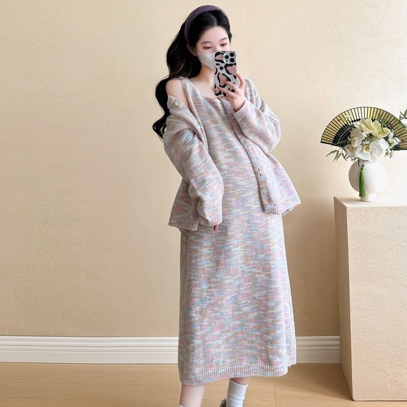 Autumn Winter New Korean Style 2-Piece Knitted Maternity Dress For Pregnant Women_ecoleips.com