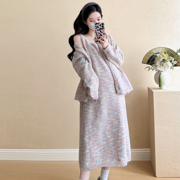 Autumn Winter New Korean Style 2-Piece Knitted Maternity Dress For Pregnant Women_ecoleips.com