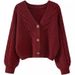 Women's V-Neck Cable Knit Cardigan – Soft & Cozy Oversized Sweater (Camel/White/Rouge, One Size Fits Most)_ecoleips.com
