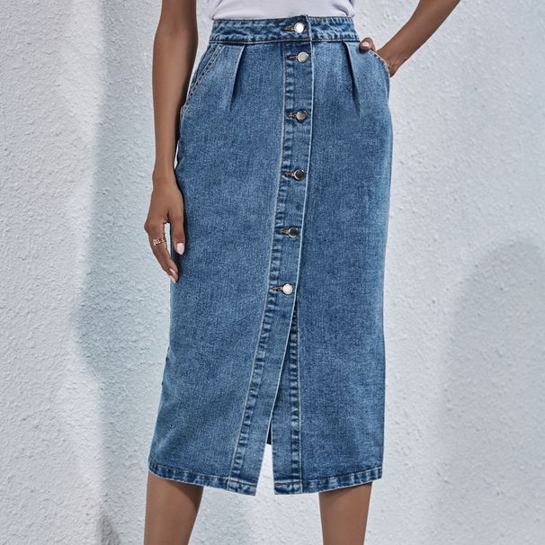 Women’s Clothing INS Fashion high waist single breasted denim skirt_ecoleips.com