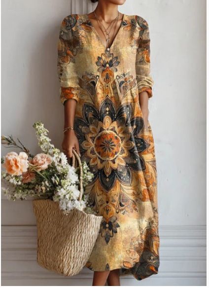 Women's plus Size V Neck Long Robe Dress Printed Design European American Style Independent Website Cross Border 2026 New_ecoleips.com