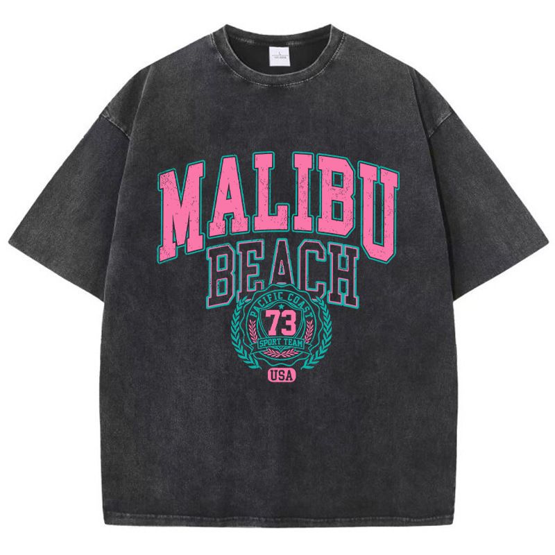 Street Style European And American Pure Cotton Washed Malibu Beach Print T-Shirt Fashion Loose Retro Short Sleeve_ecoleips.com
