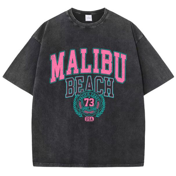 Street Style European And American Pure Cotton Washed Malibu Beach Print T-Shirt Fashion Loose Retro Short Sleeve_ecoleips.com