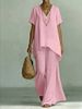 Women's Clothing V-Neck Short Sleeve Fashion Set Loose Top And Wide Leg Pants_ecoleips.com