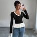 Voya Women's Spring/Summer Color Match Splicing Two Piece Lace Long Sleeve Top Design Sense Slim Fit Round Neck Bottom T-shirt_ecoleips.com