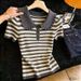 Women's Clothing Summer Casual Short Sleeve T-Shirt Ruffled Peter Pan Collar Striped Knitwear_ecoleips.com