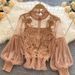 Women's Clothing Lace Base Layer Shirt Slim Fit Crop Top Three Dimensional Floral Patchwork Sheer Mesh Lantern Sleeve Designer Foreign Trade_ecoleips.com