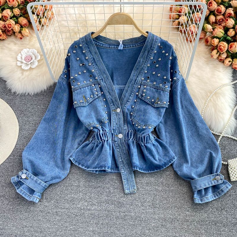 Denim Jacket Women's Autumn New Product Korean Loose Bf Fashion Versatile Studded V-Neck Short Waistband Top_ecoleips.com